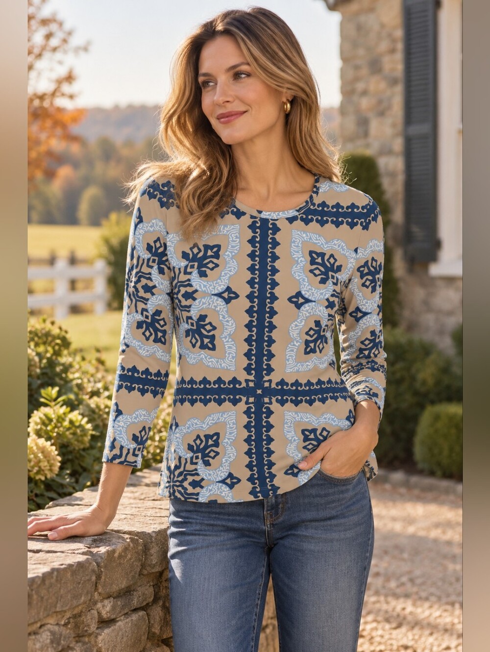 J. McLaughlin Catalina Cloth Top Paisley Blue Tan Stretch Long Sleeve Size Small